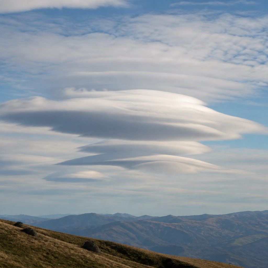 Altocumulus lenticularis en lentilles empilées aux bords parfaitement lisses, immobiles au-dessus d'une crête montagneuse