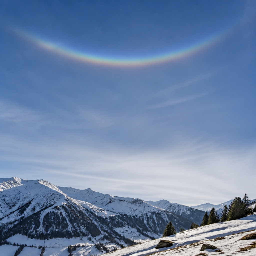 Arc circumzénithal aux couleurs vives incurvé vers le haut, très haut dans le ciel, au-dessus d'un soleil bas
