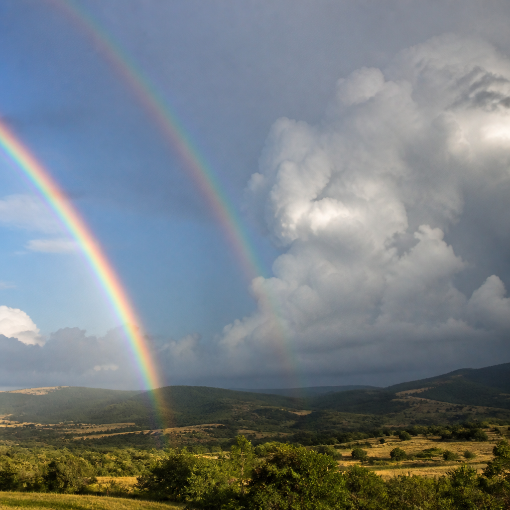 Arc-en-ciel primaire vif doublé d'un arc secondaire plus pâle, séparés par une bande de ciel nettement plus sombre