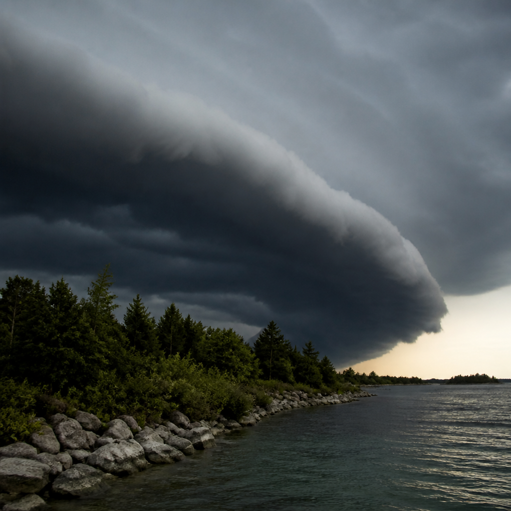Arcus en rouleau sombre et compact avançant à l'avant d'une ligne de grains au-dessus d'un horizon plat